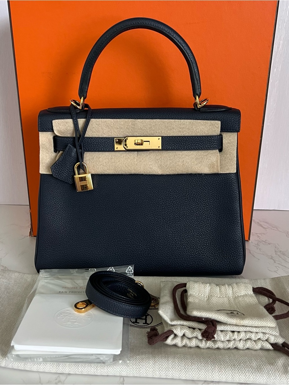 Hermes Kelly Retourne 28 in Bleu Nuit Togo Leather with Gold Hardware